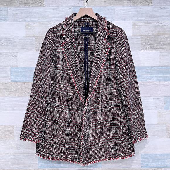 Banana Republic Boucle Long Jacket Black Red Fringe Trim Open Front Womens 10 - Picture 1 of 7